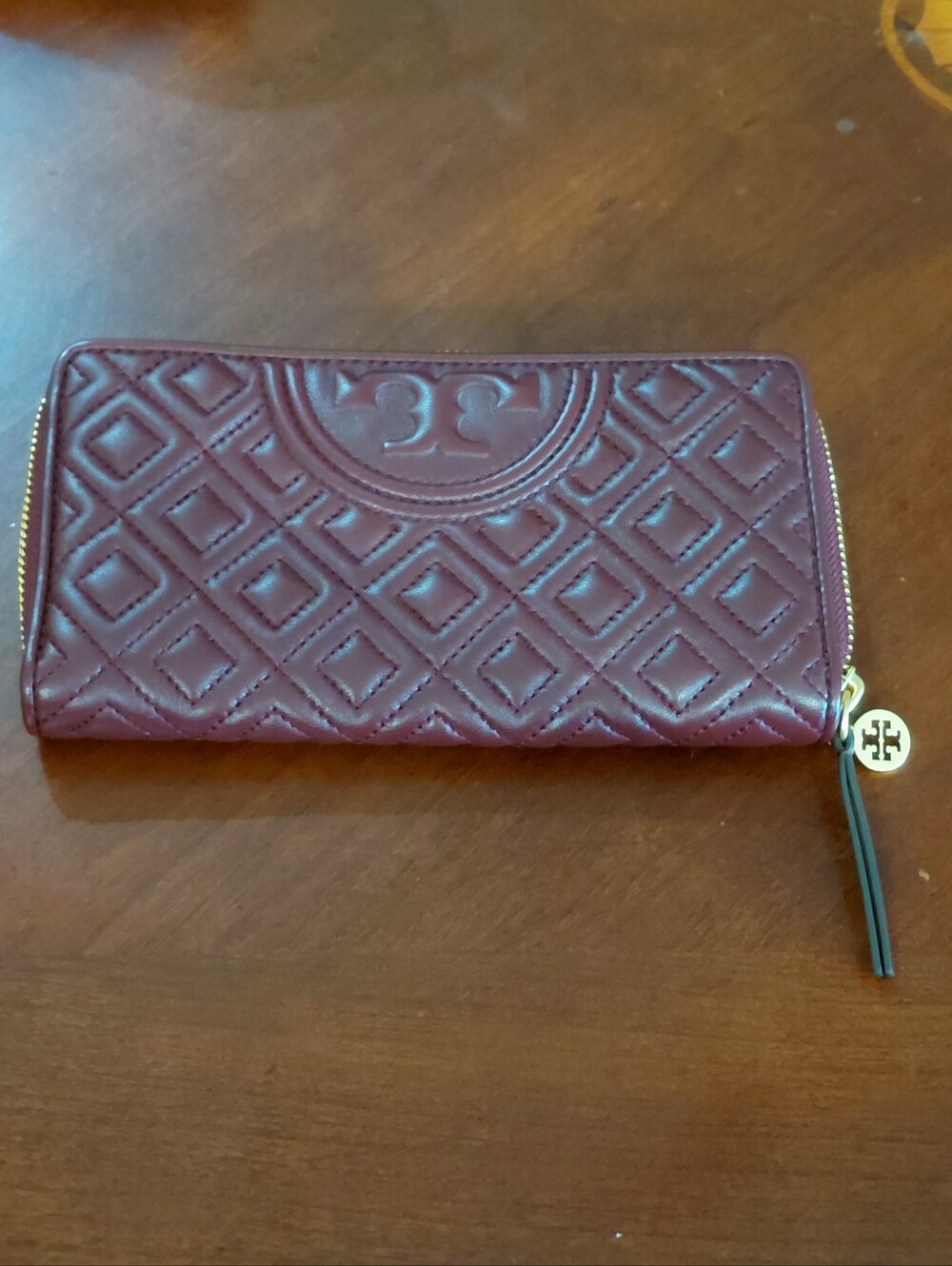 Tory Burch Fleming Continental Zip Wallet Claret Red Quilted Leather NWT